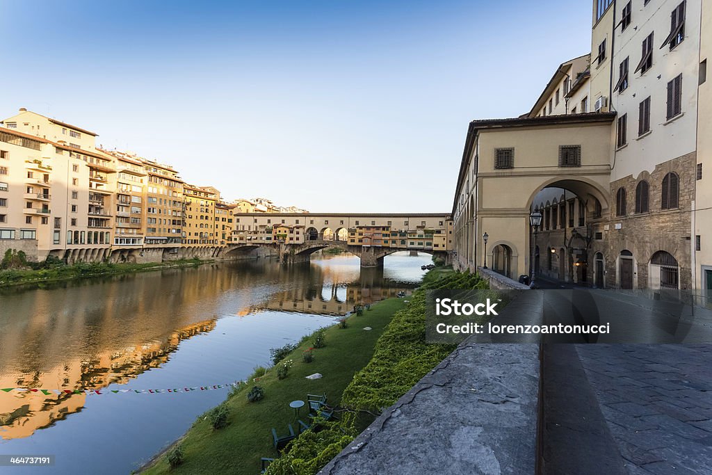 Ponte Vecchio just after sunrise, Florence, Tuscany, Italy Photos of Ponte Vecchio, the famous bridge in Florence, taken around 6:00 in the morning just after sunrise in summer, Tuscany, Italy Ancient Stock Photo