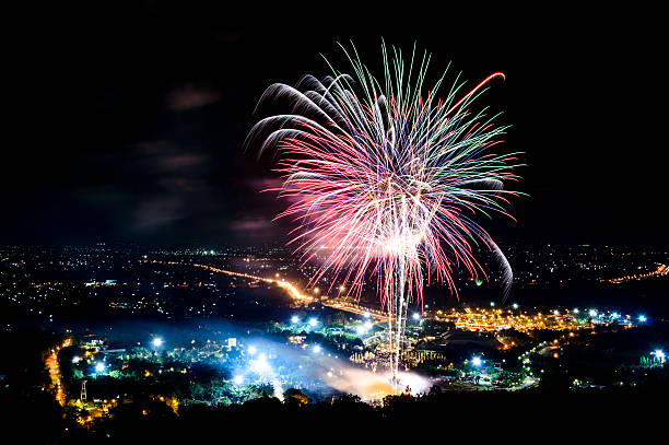 istock Fireworks on night city background 464740360