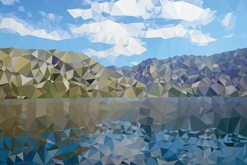 Vector low poly nature background. Sea and mountains.