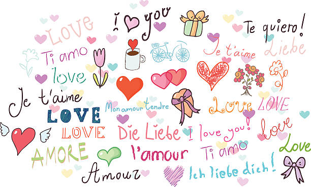 I love you! set Set with words I love you in many languages and heart, flowers, bike, coffee cup, bow and gift tea cup ride stock illustrations