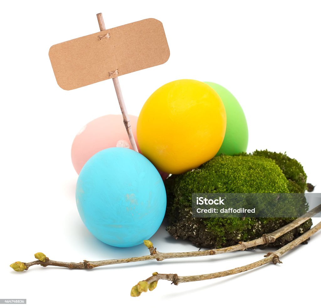 Easter eggs isolated on white Colorful easter eggs with moss and empty tag isolated on white background 2015 Stock Photo