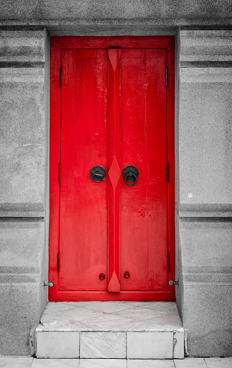 Antique old red door asia style with retro filter