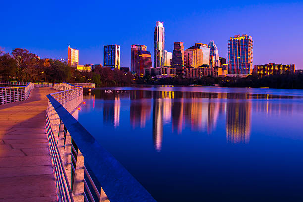 istock Austin Skyline Downtown Night along Lady bird Lake Pedestrian Bridge 464748918