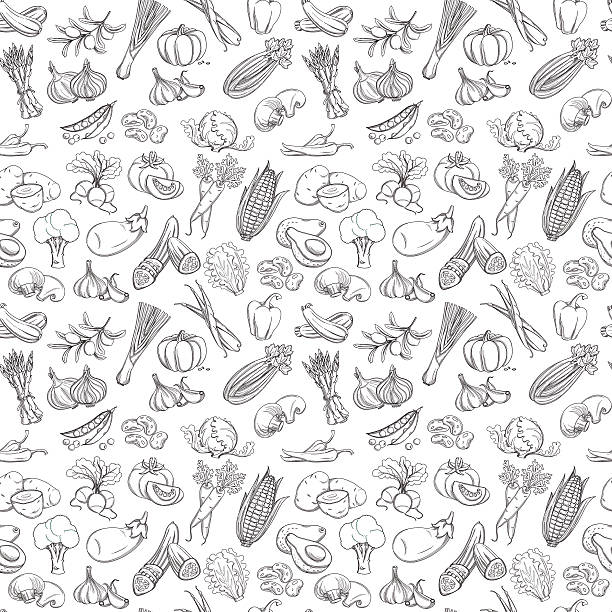 外形手描きの野菜のパターン(フラットスタイル、細いライン) - symbol food salad icon set点のイラスト素材／クリップアート素材／マン�ガ素材／アイコン素材