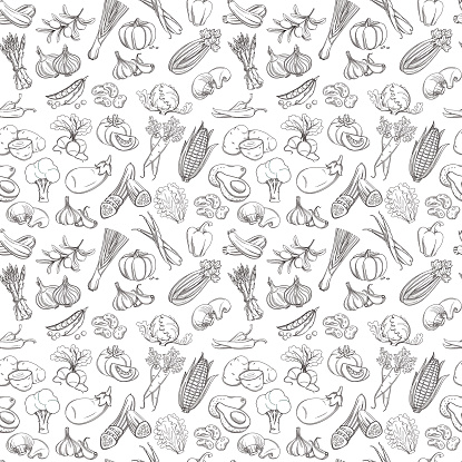 Vector illustration Outline hand drawn vegetable pattern (flat style, thin  line). Black and white