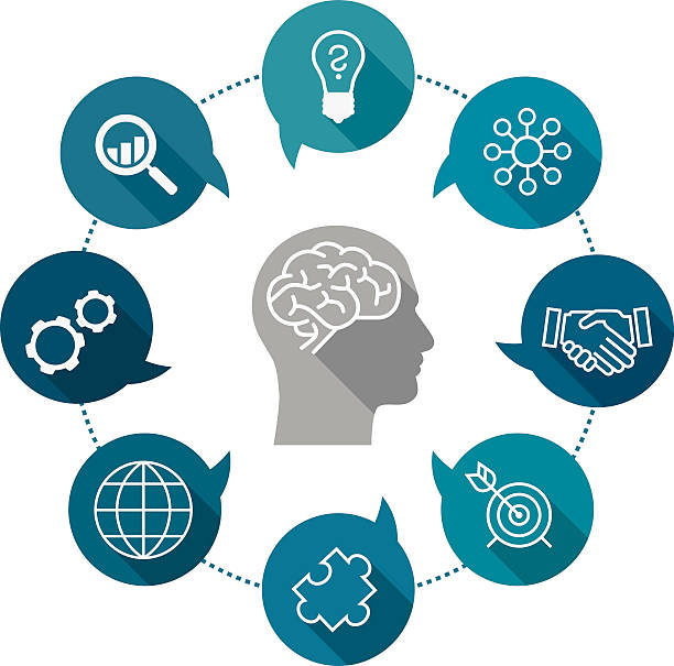 Business Thinking Icon Set Vector infographic showing head thinking about business. Speech bubbles placed around head are representing thoughts depicting different business indicators of success. Those are: gears for cooperation and production; magnifying glass for market analysis; bulb for new ideas; icon for share ideas with team; handshaking for agreement and good deals; target for goals and aspirations; puzzle for looking right solutions and globe for business globalization. All thoughts are connected with dashed circle line, that shows the importance of connecting all elements in the entire process all over again. round head stock illustrations