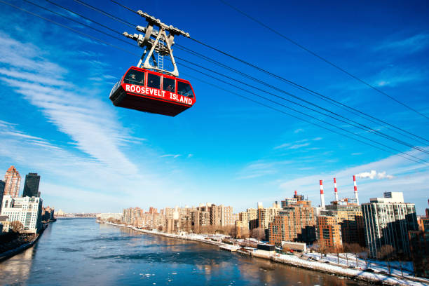 New York City, United States - February 23, 2015: Commuters traveling on the Aerial Tramway from Manhattan to Roosevelt Island.