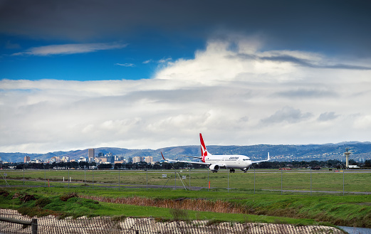 Adelaide, SA, Australia - June 22, 2013: VH-VZV Qantas Boeing 747 is ready to take off from the Adelaide Airport, South Australia