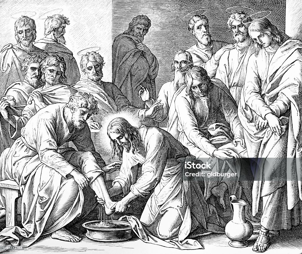 Jesus Washes the Disciples' Feet Engraving by the German painter Julius Schnorr von Carolsfeld (March 26, 1794 - May 24, 1872) Washing stock illustration