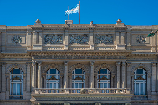 Colon Theatre facade on 9 de julio Avenue in Buenos Aires, Argentina