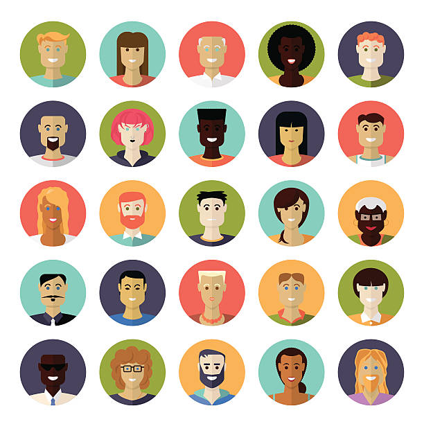 Flat Design Everyday People Avatar Vector Icon Set Collection of 25 common people avatar icons in circles crew cut stock illustrations