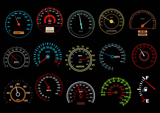 illustrazioni stock, clip art, cartoni animati e icone di tendenza di auto speedometers su sfondo nero - misuratore