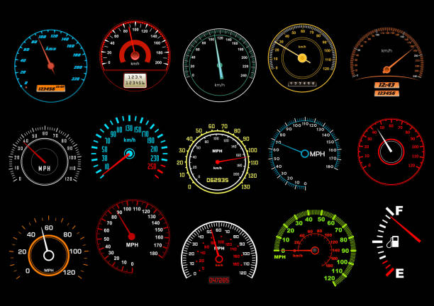 Car speedometers on black background Car speedometers on black background for transportation, racing or another design speedometer stock illustrations