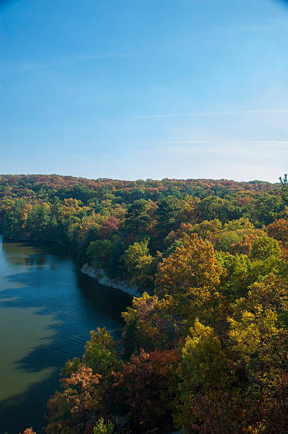 istock Fall leaves by body of water 464777927