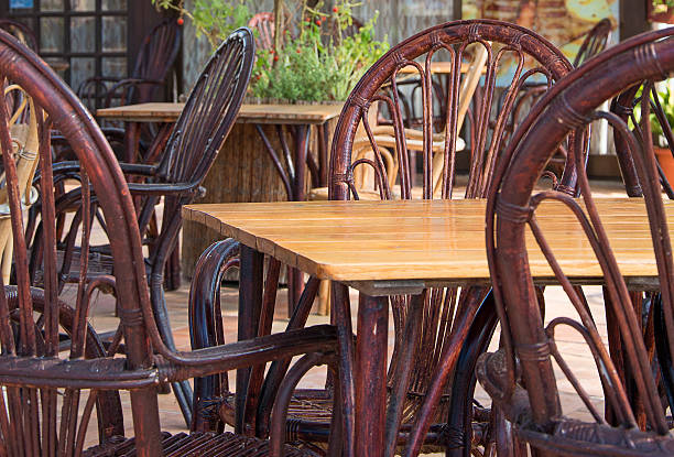 istock Mediterranean cafe terrace exterior with chairs. 464780898
