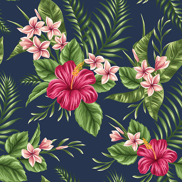 ilustrações, clipart, desenhos animados e ícones de floral seamless pattern - hawaiian culture hibiscus print pattern