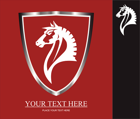 wild horse icon on the red metallic shield. Elegant Horse head combine with text. White horse head over the red background. Suitable for your mascot, corporate identity, illustration for apparel. etc - vector illustration.