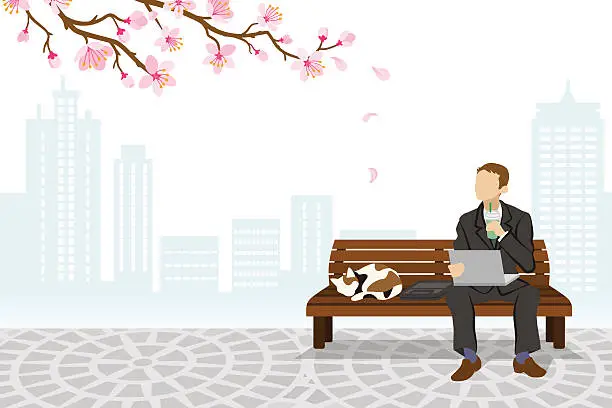Vector illustration of Employee sitting on a bench Spring Time -EPS10