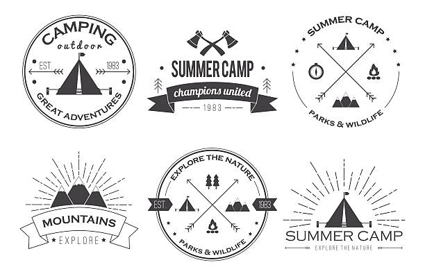 zestaw vintage letni obóz odznaki i logo - camping campfire boy scout girl scout stock illustrations