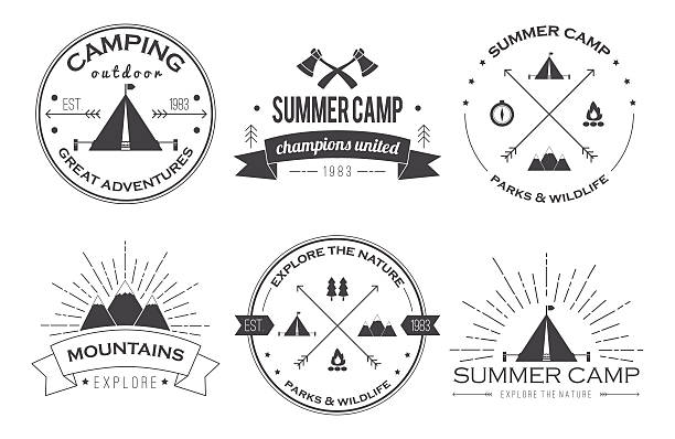 ilustrações de stock, clip art, desenhos animados e ícones de conjunto de emblemas de acampamento de verão vintage e logótipos - camping campfire boy scout girl scout