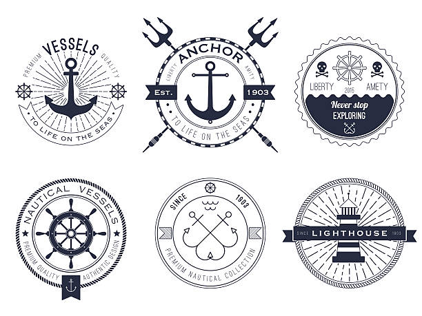 ilustrações de stock, clip art, desenhos animados e ícones de conjunto de emblemas náuticas, rótulos e logótipos - anchor and rope