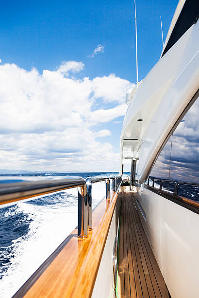 Yacht Sailing at High speed. Sea. Deck. Hand Rails. Close-up. stock photo