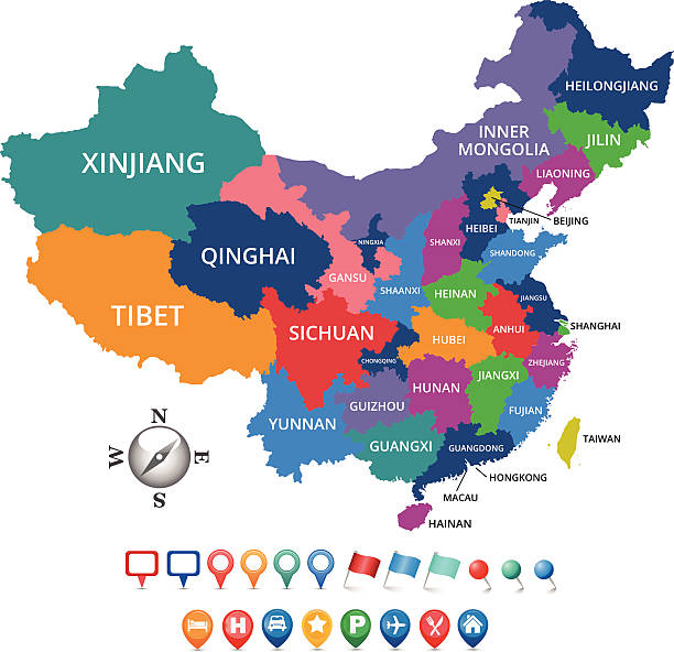 ilustraciones, imágenes clip art, dibujos animados e iconos de stock de mapa con las regiones de china - fujian province