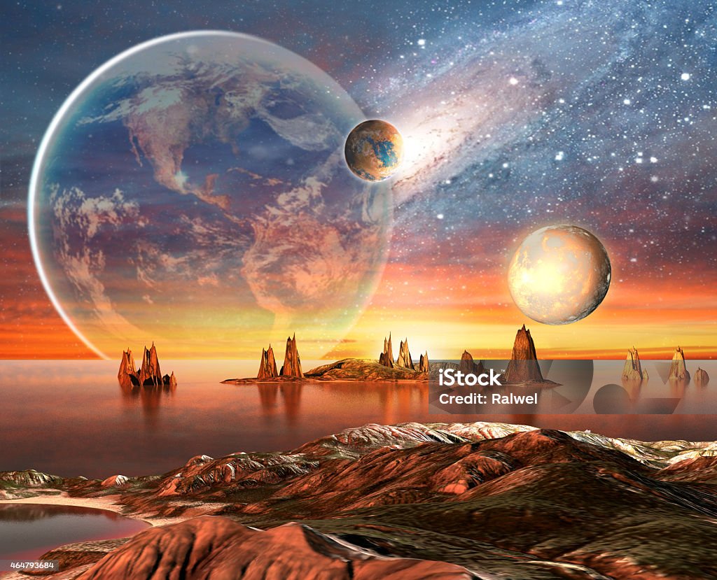 Fremden Planeten mit Berge und Meer auf Hintergrund und Planeten - Lizenzfrei Futuristisch Stock-Illustration