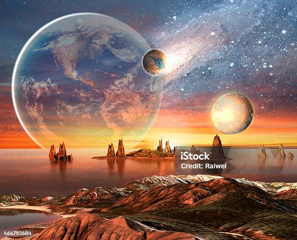 Ilustración de Alien Planeta Con Montañas Al Mar Y Planetas En El Fondo y más Vectores Libres de Derechos de Futurista