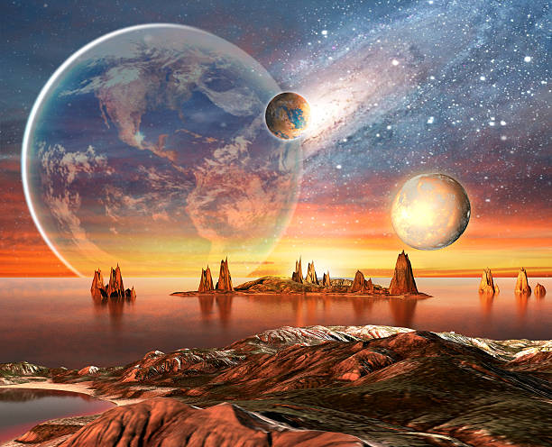 A science fiction foreign planet with mountains and sea Alien planet with mountains, sea and planets on background. 3D Rendered Computer Artwork. Elements of this image furnished by NASA alien planet stock illustrations
