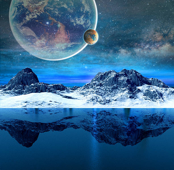 istock Alien planet with mountains, sea and planets on background. 464793706