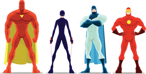 Vector Cartoon Superheroes Pose A cartoon style vector illustration of a superhero team, each member with distinguishable costumes posing in front of camera. Objects are isolated and grouped within, easy to grab and edit. giant fictional character illustrations stock illustrations