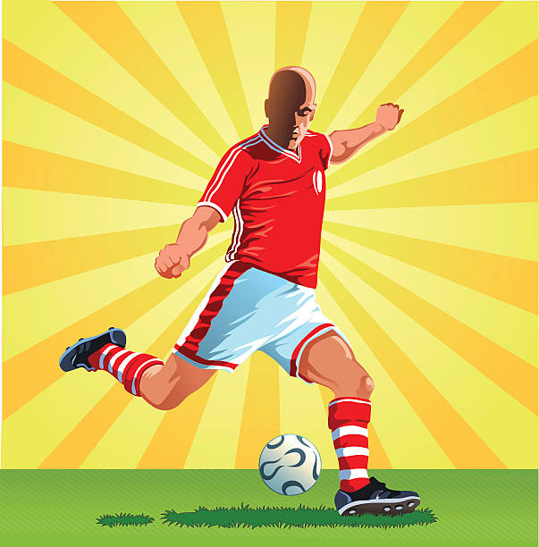 illustrations, cliparts, dessins animés et icônes de joueur de football sur le point de frapper le ballon - milieu de terrain