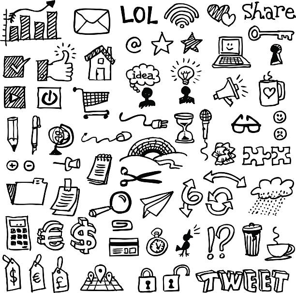 web- und business und kritzeleien - currency global communications technology currency symbol stock-grafiken, -clipart, -cartoons und -symbole