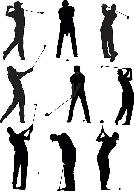 Golf Silhouettes Set All images are placed on separate layers. They can be removed or altered if you need to. Some gradients were used. No transparencies. black and white sports silhouette stock illustrations
