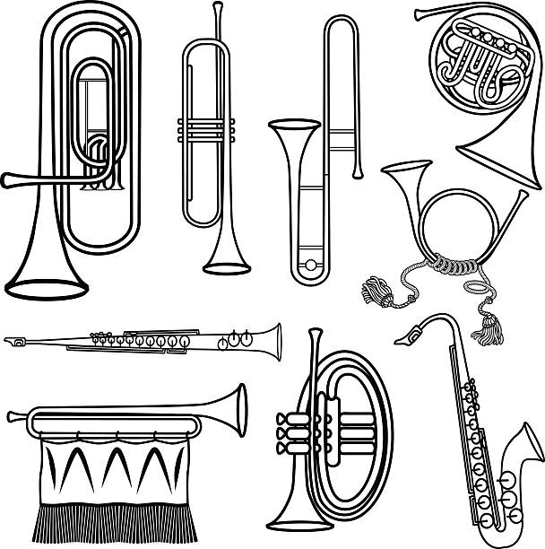 mosiądz przyrządy - trombone musical instrument wind instrument brass band stock illustrations