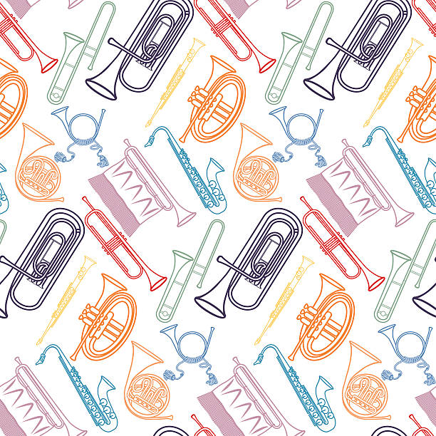 ilustraciones, imágenes clip art, dibujos animados e iconos de stock de patrón de latón - bugle trumpet jazz music
