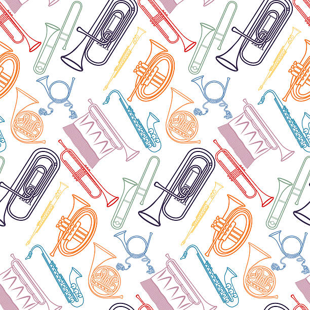 mosiądz wzór - trumpet musical instrument brass band classical music stock illustrations