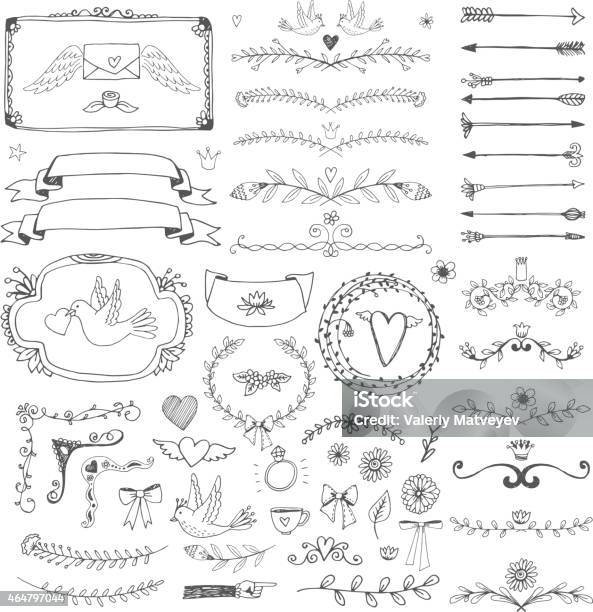 Hand Drawn Floral Page Elements Swirls Ribbons Frames Arrows Dividers Stock Illustration - Download Image Now