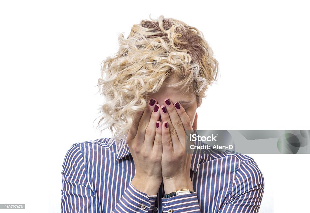 Female  covered own face with their hands Female  covered own face with their hands, isolated on white background. Young female be ashamed or have a headashe Hiding Stock Photo