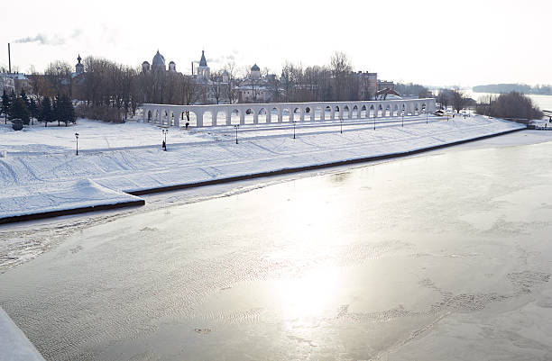 Winter View of the Yaroslav's Court in Veliky Novgorod stock photo