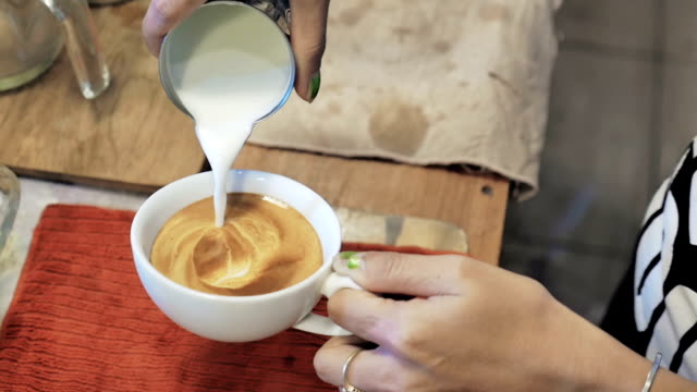 Latte art,Milk pouring by a Barista,Slowmotion