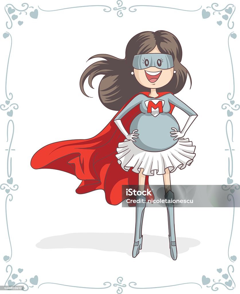 Supermom Character and Card Vector Design Vector cartoon of a pregnant super heroine. Mother’s Day vector illustration Child stock vector