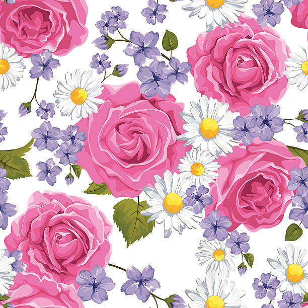 ilustraciones, imágenes clip art, dibujos animados e iconos de stock de patrón sin costuras con flores - chamomile plant chamomile bouquet wildflower