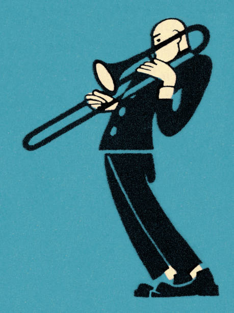 ilustraciones, imágenes clip art, dibujos animados e iconos de stock de hombre jugando trombón - profesiones del espectáculo