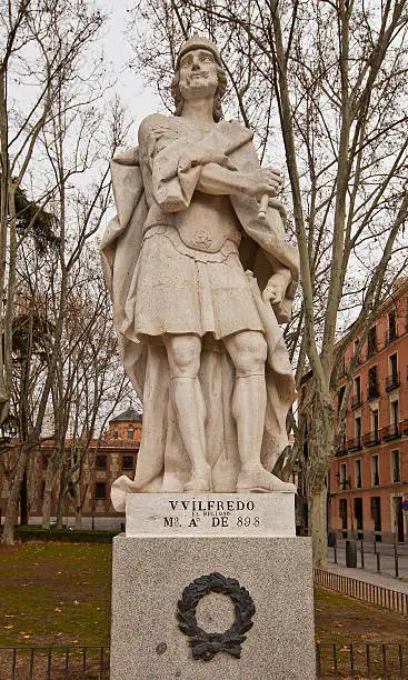 Statue of Wilfred the Hairy (IX c.), Count of Urgell, Cerdanya, Barcelona, Girona, Besalu and Ausona. Plaza de Oriente, Madrid, Spain. Sculptor Luis Salvador Carmona (circa 1753)