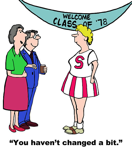 Class Reunion and Woman Has Not Changed Cartoon of class reunion and woman has not changed at all. reunion party stock illustrations