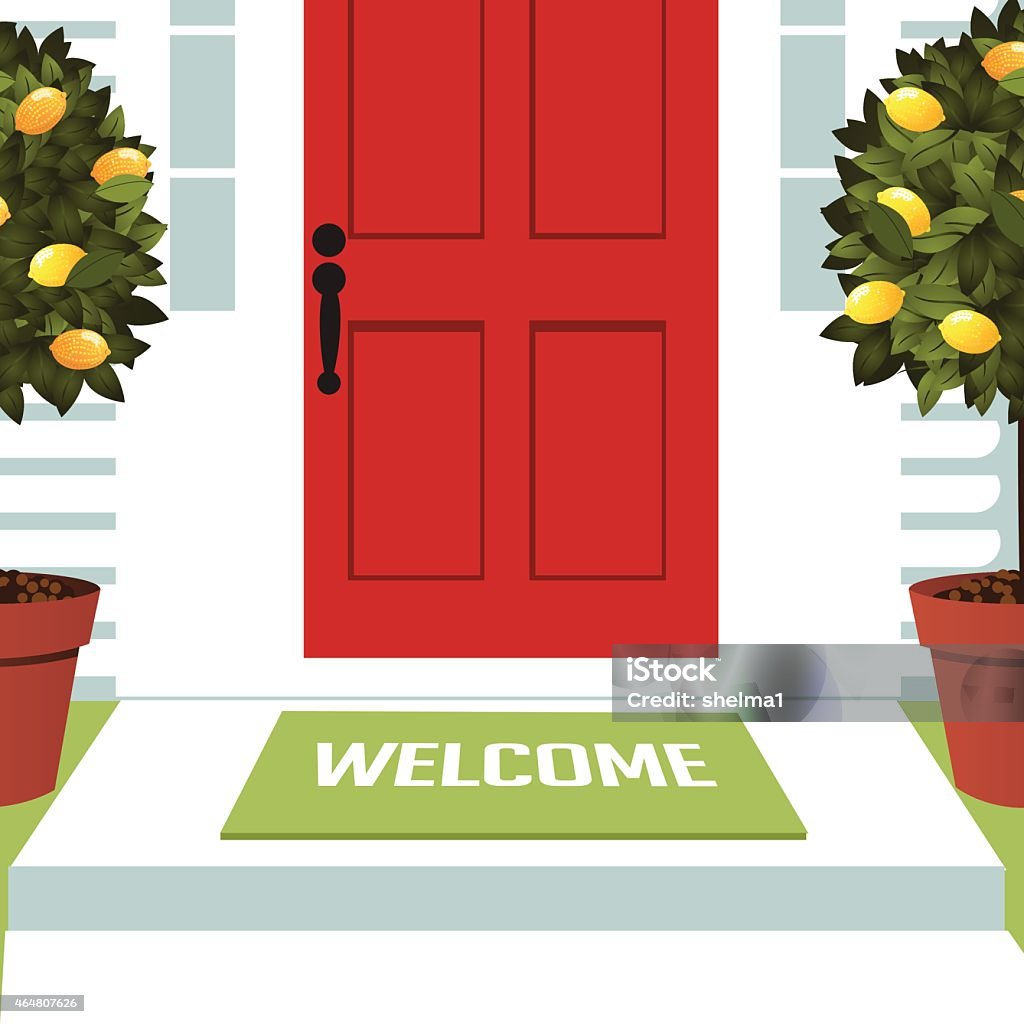 Welcome spring mat at front door with lemon trees Welcome spring mat at front door with lemon trees EPS 10 vector royalty free stock illustration for greeting card, ad, promotion, poster, flier, blog, article, open house, party, new neighbors Doormat stock vector