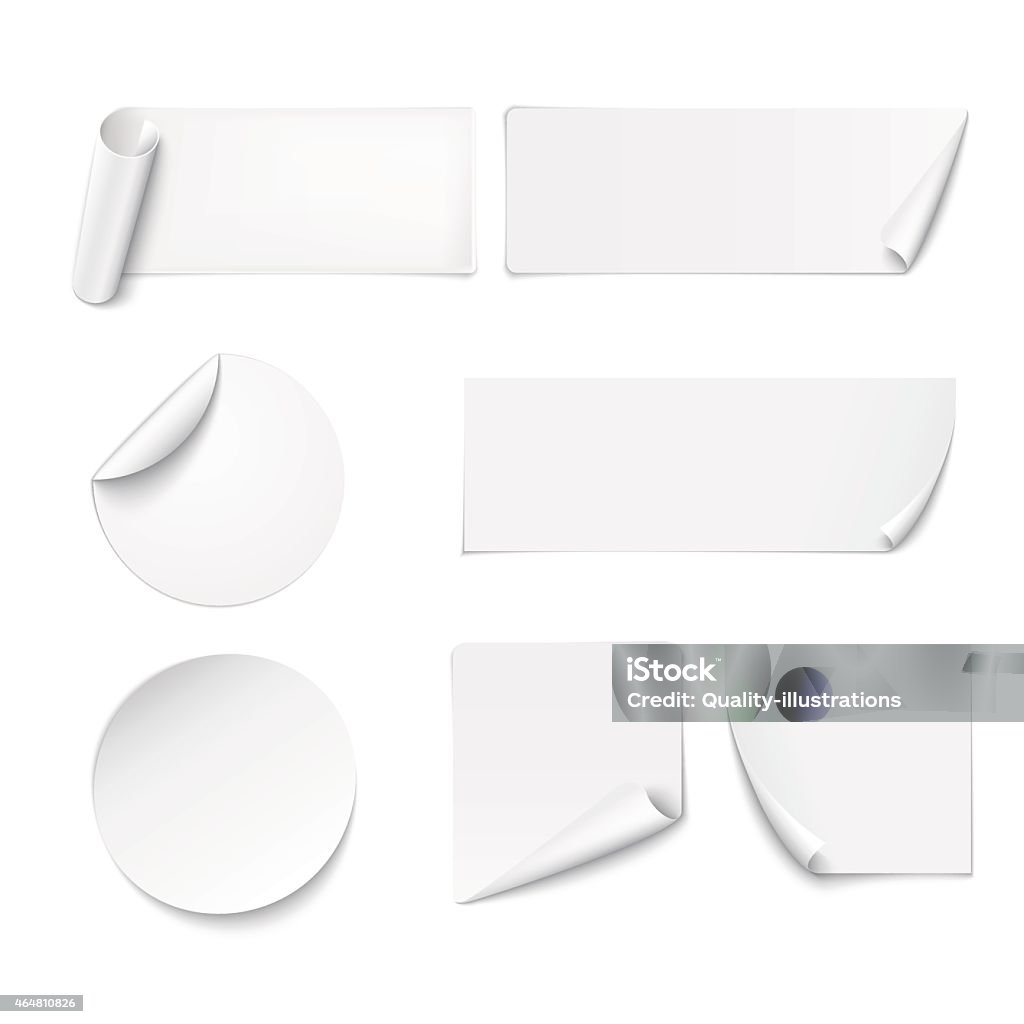 White paper stickers peeling at edges on white background Set of white paper stickers on white background. Vector illustration Paper stock vector