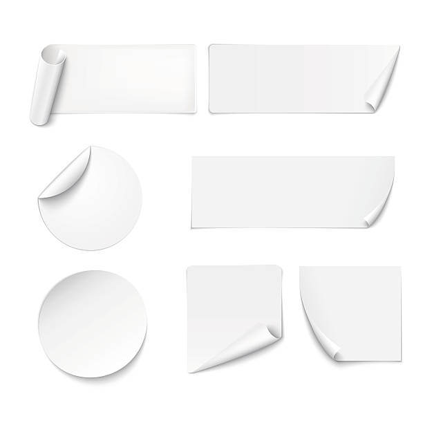 White paper stickers peeling at edges on white background Set of white paper stickers on white background. Vector illustration corner tip stock illustrations